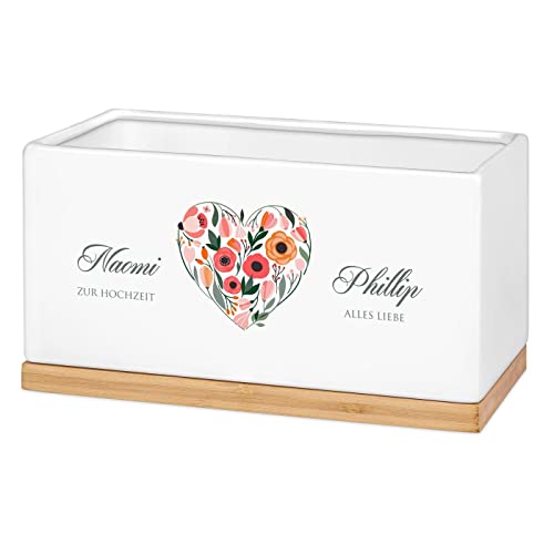 Maverton Keramik Blumentopf mit Untersetzer - Pflanzkübel mit Aufdruck - Übertopf rechteckig - Dekotopf für Paare - zur Hochzeit - zum Hochzeitstag - personalisiert - Weiß - Herz von Maverton
