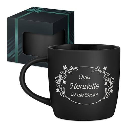 Maverton Keramik Kaffeebecher 400ml mit Gravur - personalisierte Kaffeetasse aus Matt Keramik mit Henkel für Frauen zum Geburtstag zu Weihnachten - Trinkbecher matt schwarz - Innen schwarz - Blumen Maverton Keramik Kaffeebecher 400ml mit Gravur - personalisierte Kaffeetasse aus Matt Keramik mit Henkel für Frauen zum Geburtstag zu Weihnachten - Trinkbecher matt schwarz - Innen schwarz - Blumen von Maverton