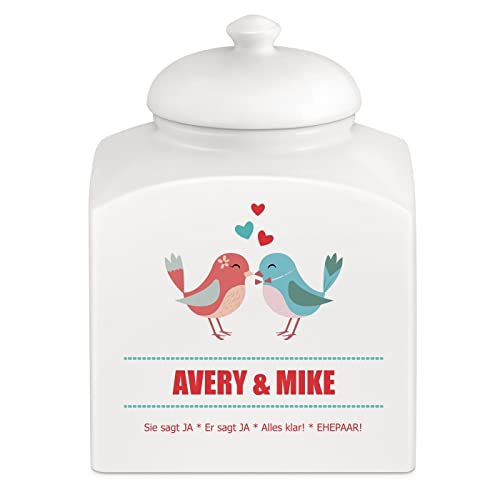 Maverton Keramik Vorratsbehälter mit Aufdruck - Aufbewahrungsbox mit Deckel - Bonbondose personalisiert - Vorratsdose für Kekse - Keksdose Keramik für Paare - weiß - Vögel von Maverton