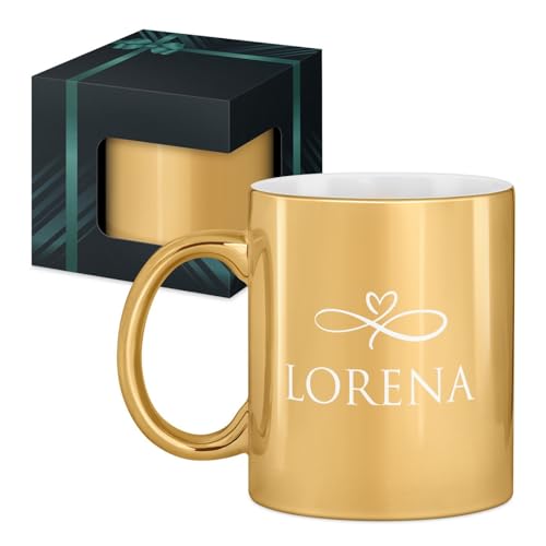 Maverton Keramikbecher 330ml mit Gravur - Kaffeetasse mit funktionellem Henkel - personalisierter Kaffeebecher für Frauen zum Geburtstag zu Weihnachten - gold glänzend/innen weiß - Vorname von Maverton