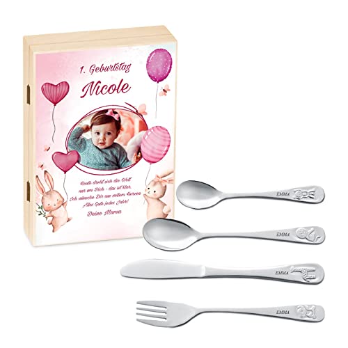 Maverton Kinderbesteck Set mit Gravur + Holzbox mit Aufdruck - mit Tieren - aus Edelstahl - Weihnachtsgeschenke - Braun - Geschenk für Mädchen zum Geburtstag zur Taufe Geburt - Foto 4 von Maverton