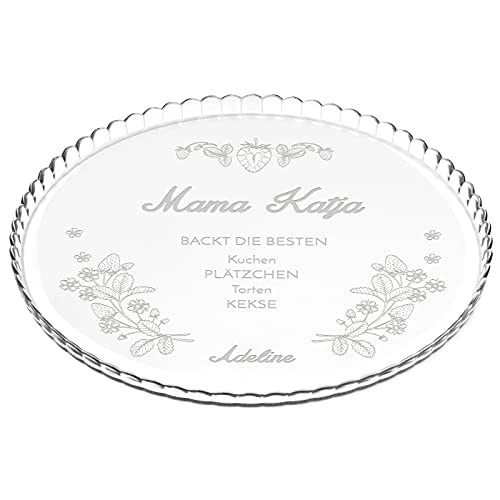 Maverton Kuchenplatte mit Gravur - personalisiert - Kuchenform aus Glas - Geschenkidee für Hobbybäckerin & Naschkatze - Geburtstagsgeschenk für Frauen - Blumen von Maverton
