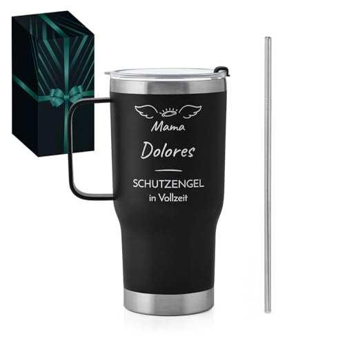 Maverton Personalisierter Thermobecher mit Griff 600 ml - schwarzer Trinkbecher mit Deckel und Strohhalm - Edelstahl Kaffeebecher to go 100% dicht - Mama Geschenk - Personalisierte Geschenke von Maverton