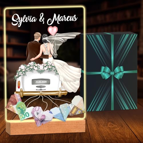 Maverton Personalisiertes Geldgeschenk Hochzeit - Acrylglas mit LED Beleuchtung - Hochzeitsgeschenke für Brautpaar Personalisierte Geschenke für Paar Geschenk Hochzeit Größe L: 15x24 oder XL: 21x32cm von Maverton