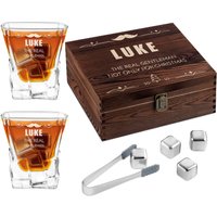 Maverton Personalisiertes Whiskey Geschenkset - 8 Metall Eiswürfel 2 Gläser Edelstahlzange Velourbeutel Männergeschenk Whisky Zubehör Set von Maverton