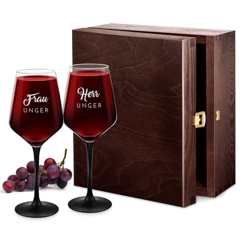 Maverton Rubin 2er Weingläser Set mit Gravur 290 ml - Rotweingläser mit schwarzem Stiel - Ø 8 cm, H: 20,5 cm - 2 Wine Glasses für Paare - personalisierte Geschenke - Hochzeit - Hochzeitsjubiläum von Maverton