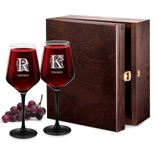 Maverton Rubin 2er Weingläser Set mit Gravur 290 ml - Rotweingläser mit schwarzem Stiel - Ø 8 cm, H: 20,5 cm - 2 Wine Glasses für Paare - personalisierte Geschenke - Hochzeit - Hochzeitsjubiläum von Maverton