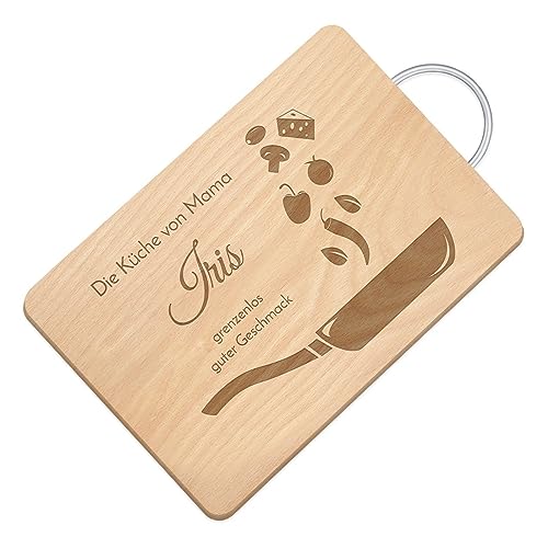 Maverton Schneidebrett mit Gravur - Brotzeitbrett mit Metallgriff - personalisiertes Küchenbrett aus Buchenholz - Holzbrett mit Wunschmotiv für Frauen - Größe: 32x18 cm - Pfanne von Maverton
