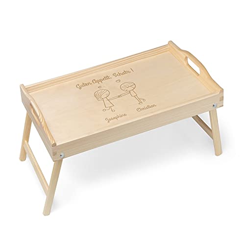 Maverton Serviertablett mit Gravur - für Zwei - Tabletttisch mit Griffen - klappbare Beine - erhöhter Rand - Geschenk für Paare - Einzugsgeschenk - Hochzeitsgeschenk - Hellbraun - Guten Appetit von Maverton