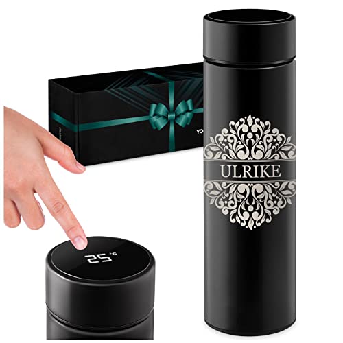 Maverton Thermobecher Kaffeebecher 450 ml - Isolierbecher personalisiert - 100% dicht - Led Temperatur Anzeige - aus Edelstahl - Geschenk für Frauen - schwarz - Verzierung von Maverton