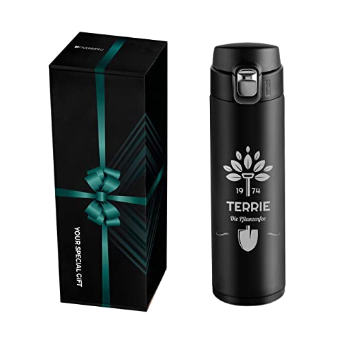 Maverton Thermobecher Kaffeebecher mit Gravur 400 ml - Trinkflasche Edelstahl - auslaufsicher - 100% dicht - Easy-Clean-Deckel - für Frauen zum Geburtstag - schwarz - Garten von Maverton