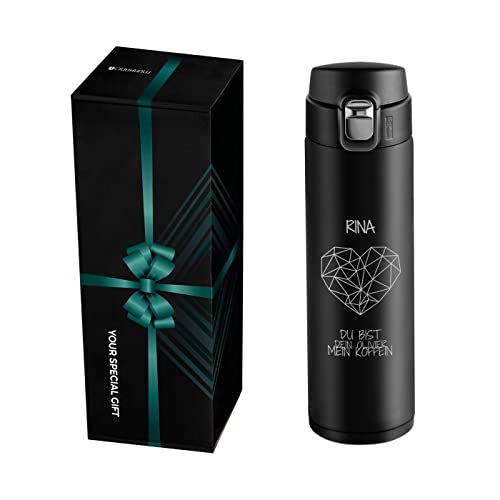 Maverton Thermobecher Kaffeebecher mit Gravur 400 ml - Trinkflasche Edelstahl - auslaufsicher - 100% dicht - Easy-Clean-Deckel - für Frauen zum Geburtstag - schwarz - Koffein von Maverton