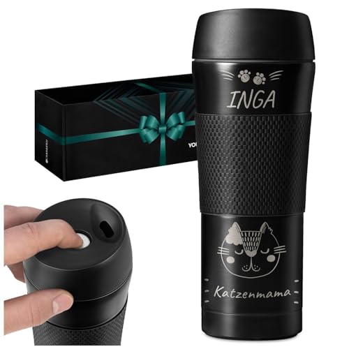 Maverton Thermobecher mit Gravur 450 ml - Kaffeebecher mit Anti-Rutsch-Griff und Quick-Press-Verschluss - Edelstahl Reisebecher auslaufsicher 100% dicht - für Frauen zum Geburtstag - schwarz - Katze von Maverton