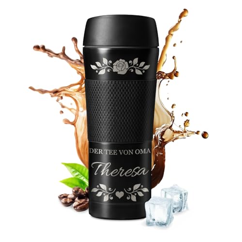 Maverton Thermobecher mit Gravur 450 ml - Kaffeebecher mit Anti-Rutsch-Griff und Quick-Press-Verschluss - Edelstahl Reisebecher auslaufsicher 100% dicht - für Frauen zum Geburtstag - schwarz - Rose Maverton Thermobecher mit Gravur 450 ml - Kaffeebecher mit Anti-Rutsch-Griff und Quick-Press-Verschluss - Edelstahl Reisebecher auslaufsicher 100% dicht - für Frauen zum Geburtstag - schwarz - Rose von Maverton