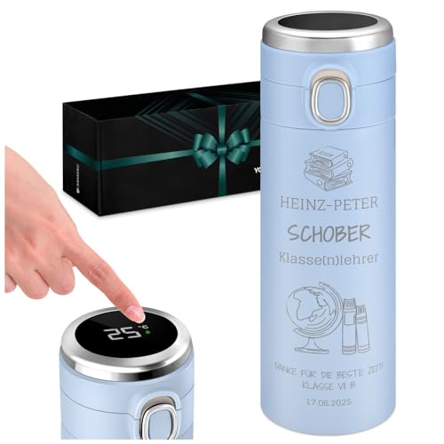 Maverton Thermosflasche mit Gravur 400 ml mit LED-Touch-Anzeige - Reisebecher auslaufsicher 100% dicht - Trinkflasche aus Edelstahl - Thermobecher für Männer - blau - Klassenlehrer von Maverton