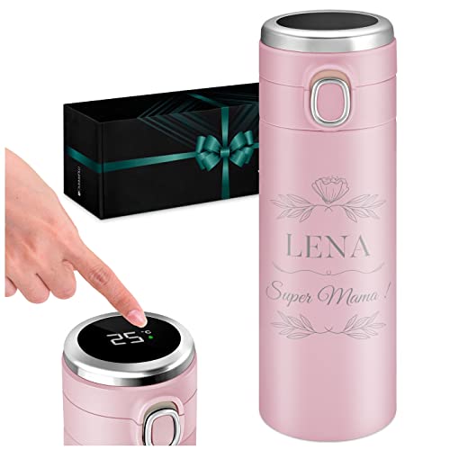 Maverton Trinkflasche mit Gravur 300 ml - Thermobecher mit LED-Touch-Anzeige - Thermoskanne aus Edelstahl - auslaufsicher 100% dicht - Kaffeebecher für Frau - rosa - Blumen von Maverton