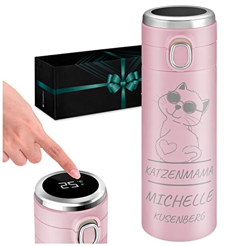 Maverton Trinkflasche mit Gravur 300 ml - Thermobecher mit LED-Touch-Anzeige - Thermoskanne aus Edelstahl - auslaufsicher 100% dicht - Kaffeebecher für Frau - rosa - Katzenmama von Maverton