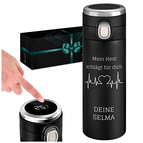 Maverton Trinkflasche mit Gravur 300 ml - Thermobecher auslaufsicher 100% dicht - LED-Touch-Anzeige - Thermoskanne aus Edelstahl - für Männer zum Geburtstag - schwarz - Pulslinie von Maverton