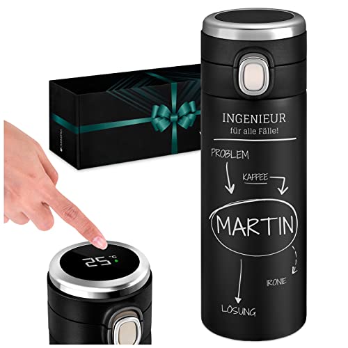 Maverton Trinkflasche mit Gravur 300 ml - Thermobecher auslaufsicher 100% dicht - LED-Touch-Anzeige - Thermoskanne aus Edelstahl - für Männer zum Geburtstag - schwarz - Schema von Maverton