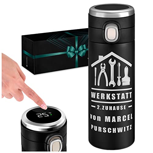 Maverton Trinkflasche mit Gravur 400 ml - Thermobecher auslaufsicher 100% dicht - LED-Touch-Anzeige - Thermoskanne aus Edelstahl - für Männer zum Geburtstag - schwarz - Werkstatt Maverton Trinkflasche mit Gravur 400 ml - Thermobecher auslaufsicher 100% dicht - LED-Touch-Anzeige - Thermoskanne aus Edelstahl - für Männer zum Geburtstag - schwarz - Werkstatt von Maverton