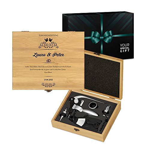 Maverton Weinöffner-Set personalisiert Weinset Sommelier Set - Geschenkbox Holzbox + 6er Weinzubehörset - aus Bambus - Braun - Geschenk Hochzeit Hochzeitstag Paar - Hochzeitswünsche von Maverton