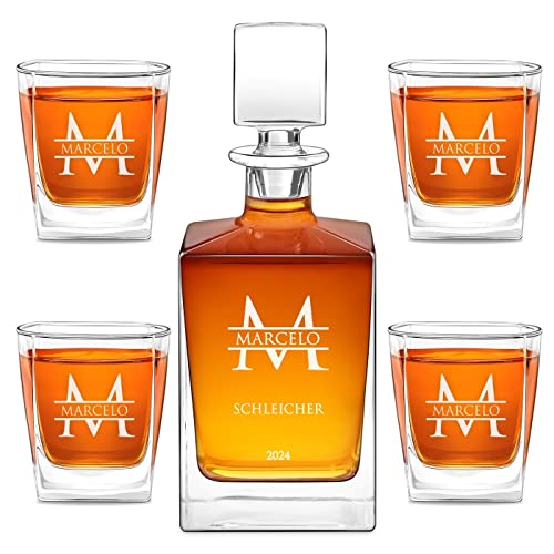 Maverton Whiskey Dekanter 810 ml + 2/4 / 6er Whisky Gläser Set mit Gravur - personalisiertes Whisky Karaffe Set für Männer - Glas Karaffe mit Gläsern für Whiskygenießer - Monogramm von Maverton
