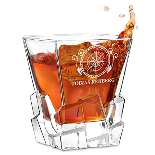 Maverton Whiskey Glas mit Gravur - 330ml personalisiert - edles Kristallglas - zum Jubiläum - für Männer & Scotchgenießer - Whiskyglas mit luxuriösem Design - Windrose von Maverton