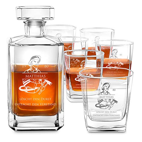 Maverton Whiskey Karaffe + 2/4 / 6er Whiskygläser Set - mit Gravur - Whisky Dekanter - 700ml - Geschenk zum Geburtstag für Männer - Durstlöscher von Maverton
