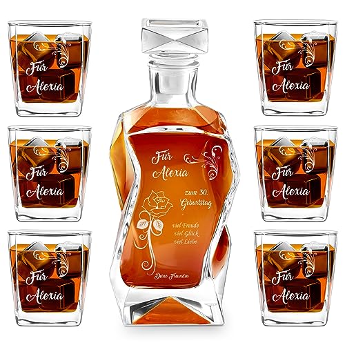 Maverton Whiskey Karaffe + 6er Whiskygläser Set mit Gravur - 700ml Whisky Dekanter - Geschenk zum Geburtstag für Damen - Blumen von Maverton