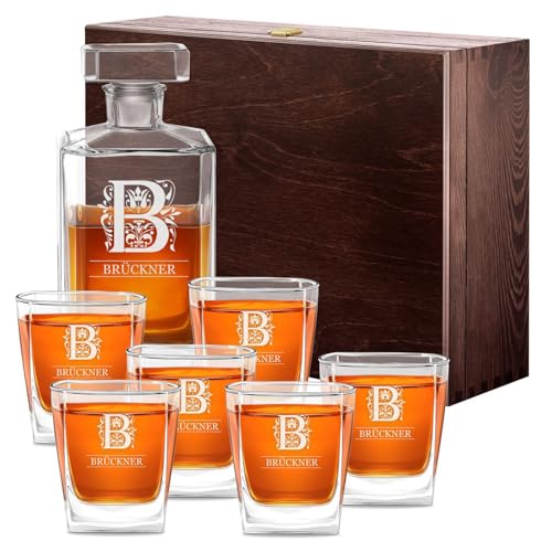 Maverton Whiskey Karaffe + 6er Whiskygläser Set mit Gravur - 700ml Whisky Dekanter - Geschenk zum Geburtstag für Damen - Buchstabe von Maverton