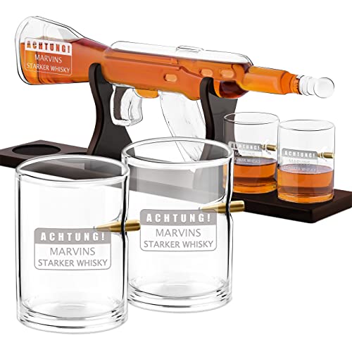 Maverton Whisky Dekanter mit Gravur 800 ml + 4er Whiskygläser Set - personalisiertes Whiskey Dekanter Set für Whisky Genießer - Whiskey Karaffe für Männer - Achtung von Maverton