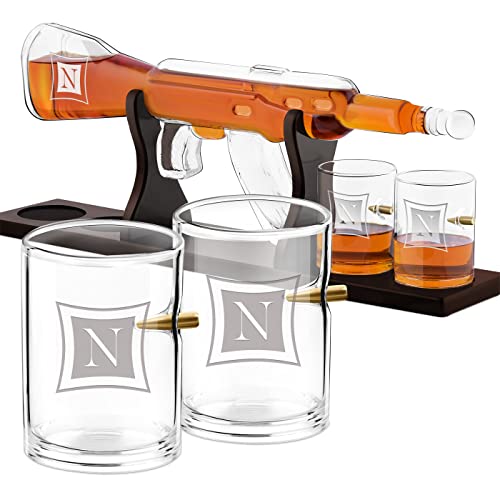 Maverton Whisky Dekanter mit Gravur 800 ml + 4er Whiskygläser Set - personalisiertes Whiskey Dekanter Set für Whisky Genießer - Whiskey Karaffe für Männer - Buchstabe von Maverton