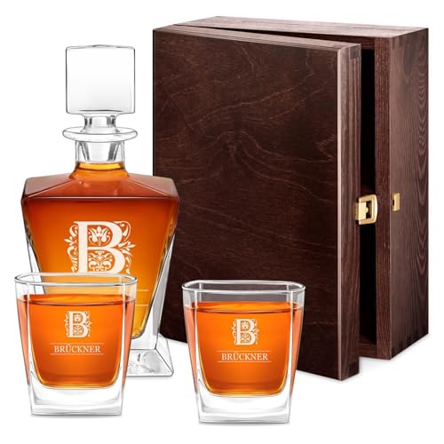 Maverton Whisky Karaffe 800 ml + 2/4 / 6er Whisky Gläser Set mit Gravur - Glas Karaffe mit Gläsern - personalisiertes Whiskey Decanter Set für Männer - für Whiskygenießer - Buchstabe von Maverton