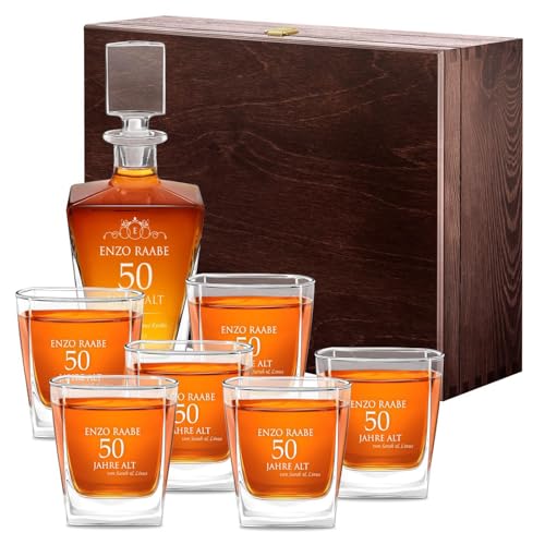 Maverton Whisky Karaffe 800 ml + 6er Whisky Gläser Set mit Gravur - Glas Karaffe mit Gläsern - personalisiertes Whiskey Decanter Set für Männer - für Whiskygenießer - Jubliläum Maverton Whisky Karaffe 800 ml + 6er Whisky Gläser Set mit Gravur - Glas Karaffe mit Gläsern - personalisiertes Whiskey Decanter Set für Männer - für Whiskygenießer - Jubliläum von Maverton
