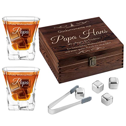 Maverton Whisky Steine Set - in Holzbox mit Gravur - 8 Eiswürfel + 2 Whisky Gläser - wiederverwendbar - aus Metall - Geschenk zu Weihnachten für Frauen Männer Paar - Glücksmomente von Maverton