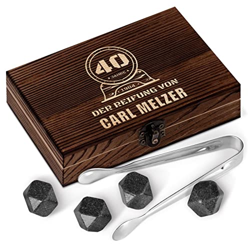 Maverton Whisky Steine Set - in Holzbox - personalisiert - 6 Eiswürfel + Zange + Velourbeutel - Kühlsteine - wiederverwendbar aus Granit - für Herren - Reifung von Maverton