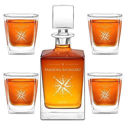 Maverton Whiskykaraffe 810 ml + 2/4 / 6 Whiskygläser mit Gravur - graviertes Whisky Dekanter Set - Glaskaraffe mit Gläsern für Whisky Genießerin - Whiskey Set für Frauen - Windrose von Maverton