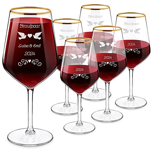 Maverton XL 6er Rotwein-Gläser Set mit Gravur 530 ml + Goldrand - Ø 9 cm, H: 22 cm – klassische Weingläser für Paare - zur Hochzeit - zum Hochzeitsjubiläum - zu Weihnachten - Brautpaar von Maverton