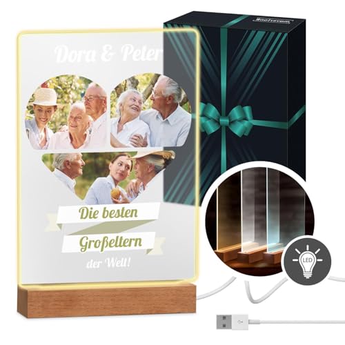 Maverton beleuchteter LED-Fotoaufsteller mit Echtholzsockel - personalisiertes LED-Acrylglas mit eigenem Foto für Paare - Glasbild zur Hochzeit zum Valentinstag - Größe: 21x32x4,5cm - Collage von Maverton