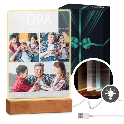 Maverton beleuchteter LED-Rahmen mit Holzständer - personalisiertes Acryl Glasbild mit eigenem Foto mit LED-Beleuchtung - Glasfoto für Männer zum Geburtstag - Größe: 15x24x4,5cm - Opa von Maverton