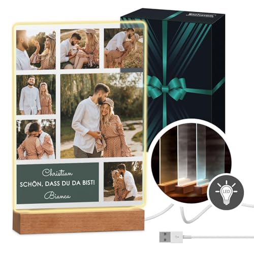 Maverton beleuchteter LED-Rahmen mit Holzständer - personalisiertes Acryl Glasbild mit eigenem Foto mit LED-Beleuchtung - Glasfoto für Männer zum Geburtstag - Größe: 21x32x4,5cm - Collage von Maverton