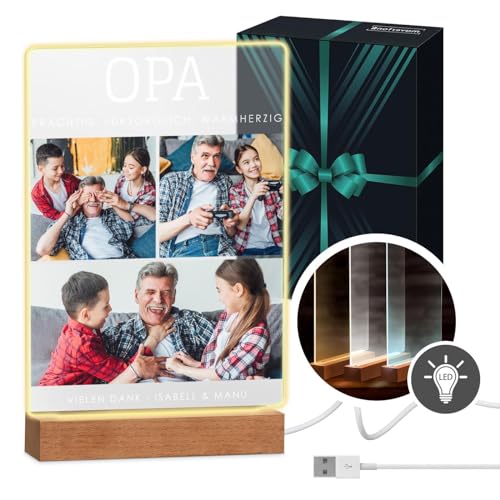 Maverton beleuchteter LED-Rahmen mit Holzständer - personalisiertes Acryl Glasbild mit eigenem Foto mit LED-Beleuchtung - Glasfoto für Männer zum Geburtstag - Größe: 21x32x4,5cm - Opa von Maverton