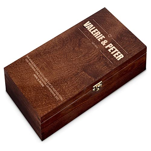 Maverton personalisierte Deco Weinkiste - für zwei 0,7L Weinflaschen - mit Verschluss - Kiefernholz - gebeizt - für Paare - zur Hochzeit/zum Hochzeitstag - Farbe: braun - Wünsche von Maverton