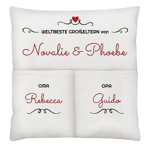 Maverton personalisiertes Dekokissen 45x45 cm - Zierkissen 100% Baumwolle mit Füllung und Bezug - Couchkissen mit 2 Fächern - personalisiertes Kissen für Paar - Beige - Großeltern von Maverton