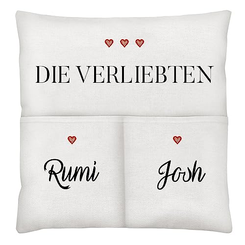 Maverton personalisiertes Dekokissen 45x45 cm - Zierkissen 100% Baumwolle mit Füllung und Bezug - Couchkissen mit 2 Fächern - personalisiertes Kissen für Paar - Beige - Herzen von Maverton