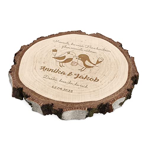 Maverton runde Holzscheibe mit Gravur - Untersetzer aus Birkenholz - Durchmesser: 16-22 cm - Dicke: 1,5-2,5 cm - Holzkreise personalisiert - Deko Baumscheibe für Paar - Vögel von Maverton