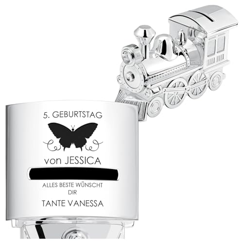 Maverton versilberte Spardose Lokomotive mit Gravur - personalisierbare Kinder Sparbüchse - Deko Zug Figur Baby Sparbox - Wiederverwendbare Spardose für Mädchen Jungen zum Geburtstag - Schmetterling von Maverton