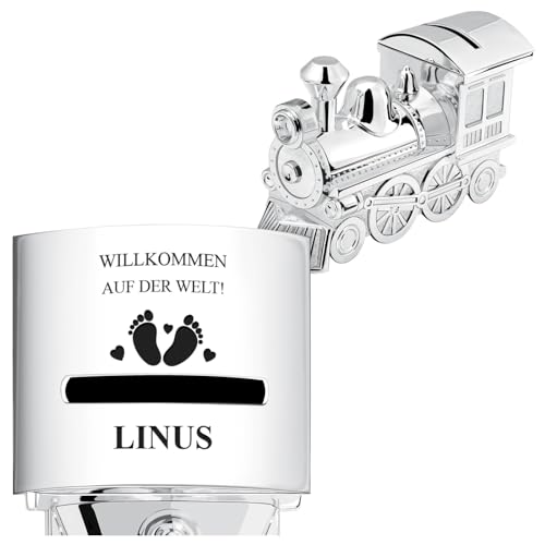 Maverton versilberte Spardose Lokomotive mit Gravur - personalisierbare Kinder Sparbüchse - Deko Zug Figur - Baby Sparbox - Wiederverwendbare Spardose für Mädchen und Jungen zum Geburtstag - Füße Maverton versilberte Spardose Lokomotive mit Gravur - personalisierbare Kinder Sparbüchse - Deko Zug Figur - Baby Sparbox - Wiederverwendbare Spardose für Mädchen und Jungen zum Geburtstag - Füße von Maverton