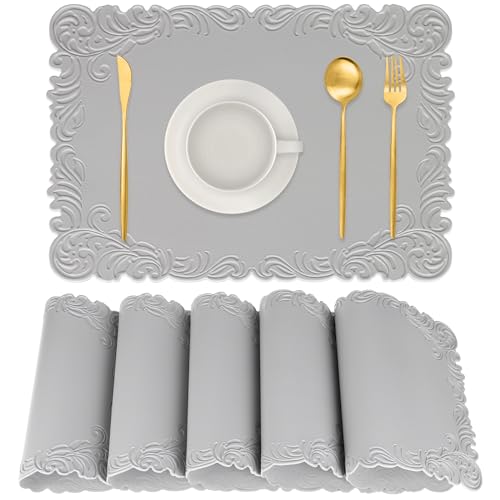 Mavicen Abwaschbar Tischset Leder Platzset Set, 30 * 44cm Beidseitig Wasserdichtes Tischset, Hitzebeständige rutschfeste Tischmatten für Esstische, Prägemuster (Grau, 6er Set) von Mavicen