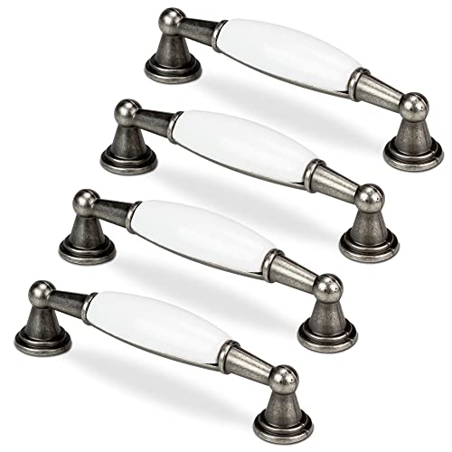 Mavö 4 Stück Möbelgriff Schrankgriff Porzellan Küchengriff silber Vintage Lochabstand, Griff für Möbel 96mm VADA.2 Altsilber von Mavö